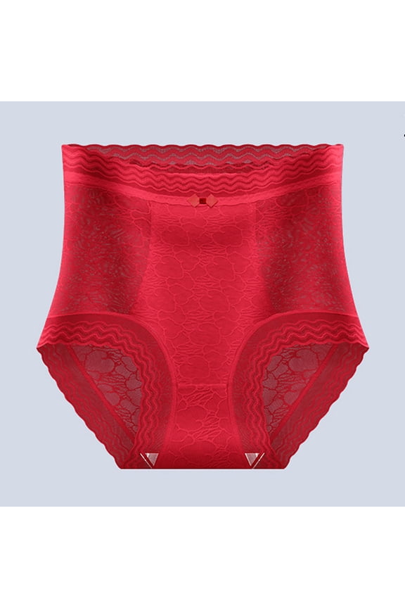 Womens High Waisted Seamless Underwear Lace Stretch No Show Tummy Control Panties Hipster Full Coverage Briefs Red L