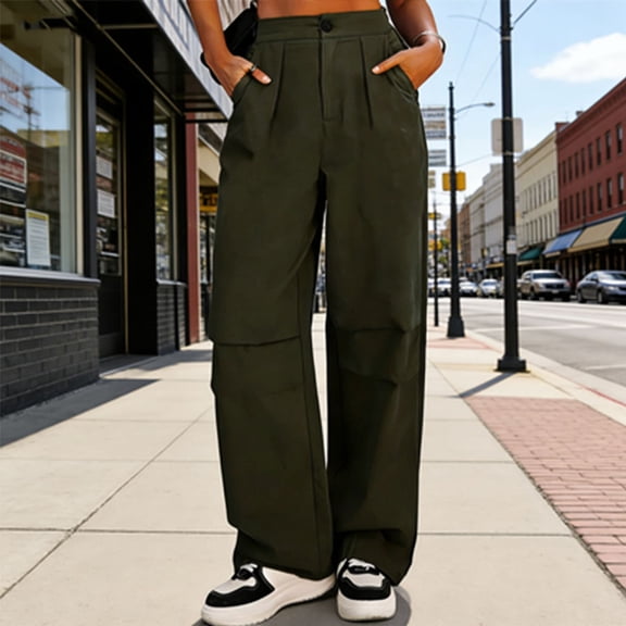 HongQid Womens High Waisted Wide Leg Cargo Pants Baggy Casual Work Pants with Pockets