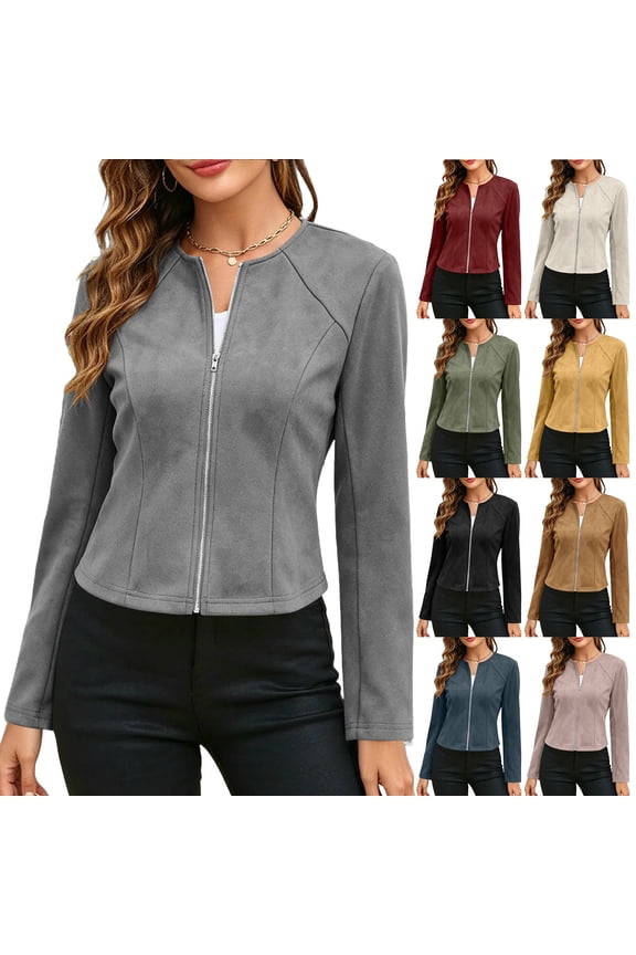 Womens Jackets Suede Moto Zip Up Crew Neck Long Sleeve Cropped Solid Casual Layering Outerwear for Women