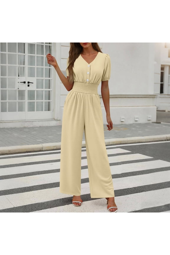Womens Jumpsuits Short Sleeve V Neck Dressy Casual Wide Leg Pants Romper 2026 Summer One Piece Outfits