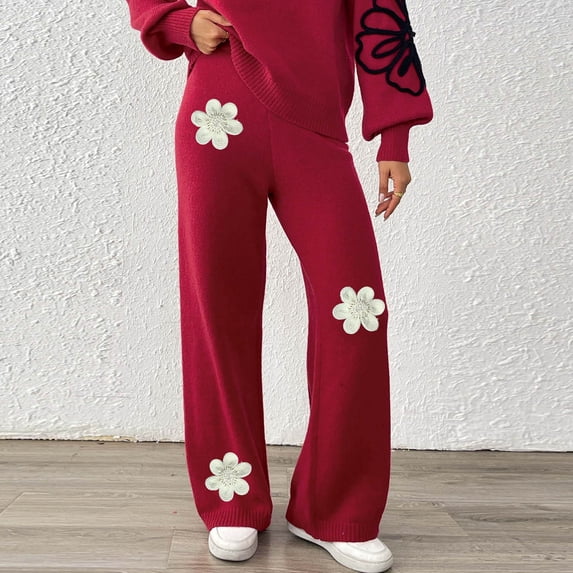 HongQid Womens Knit Lounge Pant High Waisted Sweater Pants Floral Embroidered Pants Wide-Leg Trousers Long Loose Casual Pants
