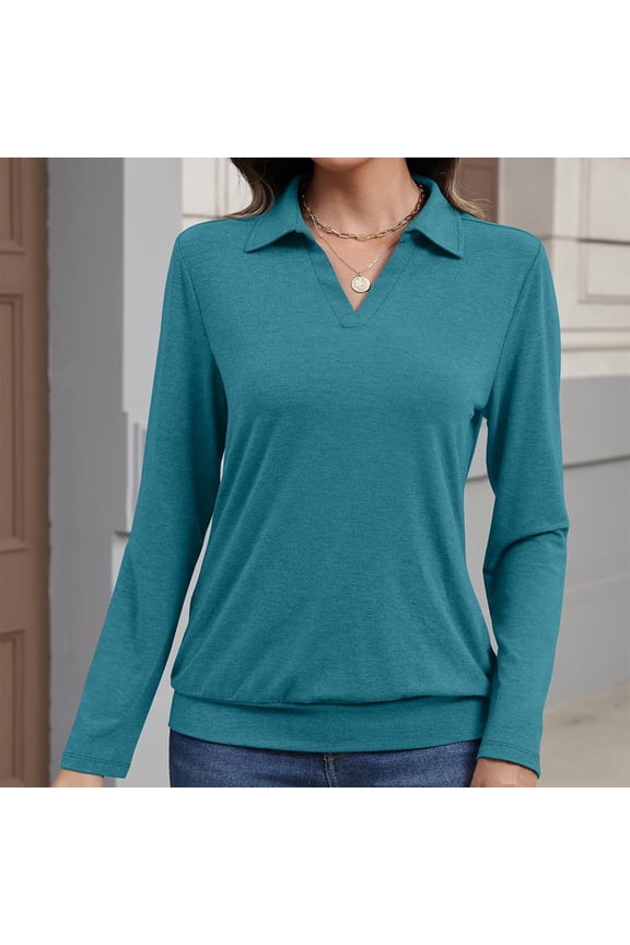 Womens Knit Shirts Long Sleeve Banded Bottom Tops Business Casual Tops Collared V Neck Blouses