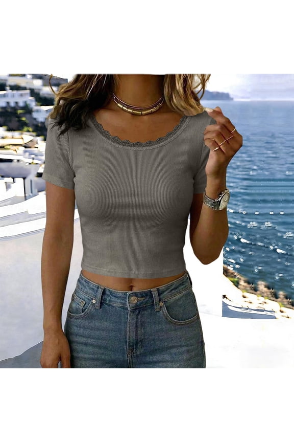 Womens Lace Trim Ribbed Crop Tops Short Sleeve Form Fitting Basic Tees Casual Summer Cropped Blouses For Women