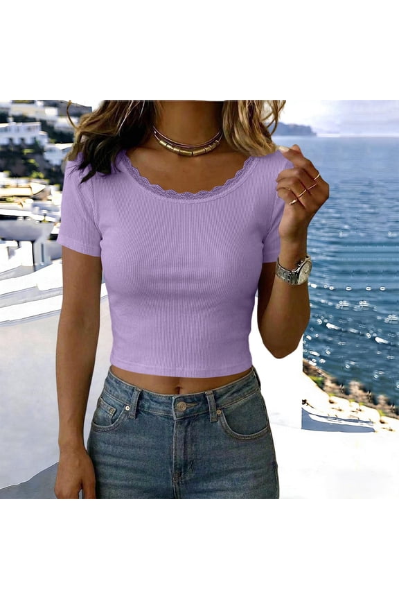 Womens Lace Trim Ribbed Crop Tops Short Sleeve Form Fitting Basic Tees Casual Summer Cropped Blouses For Women
