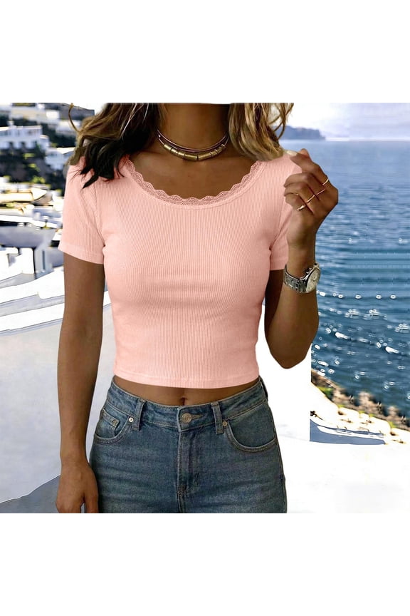 Womens Lace Trim Ribbed Crop Tops Short Sleeve Form Fitting Basic Tees Casual Summer Cropped Blouses For Women