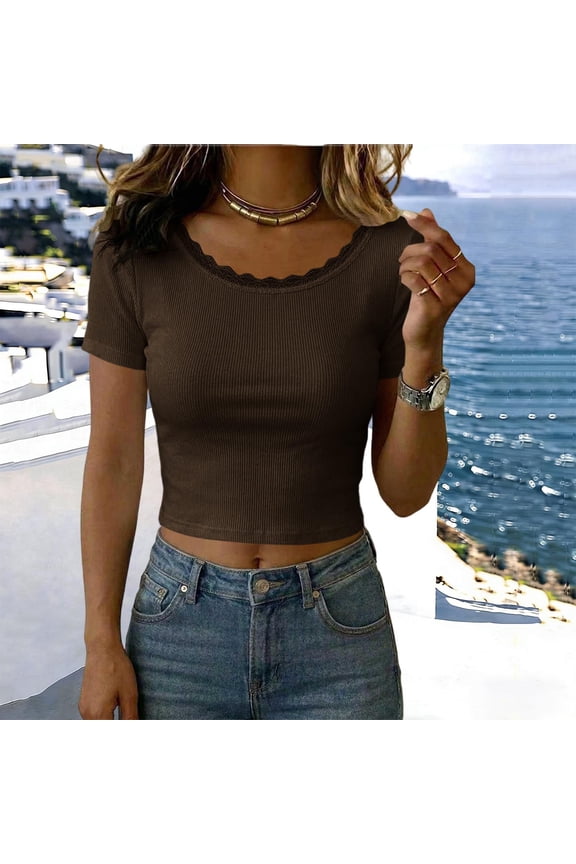Womens Lace Trim Ribbed Crop Tops Short Sleeve Form Fitting Basic Tees Casual Summer Cropped Blouses For Women