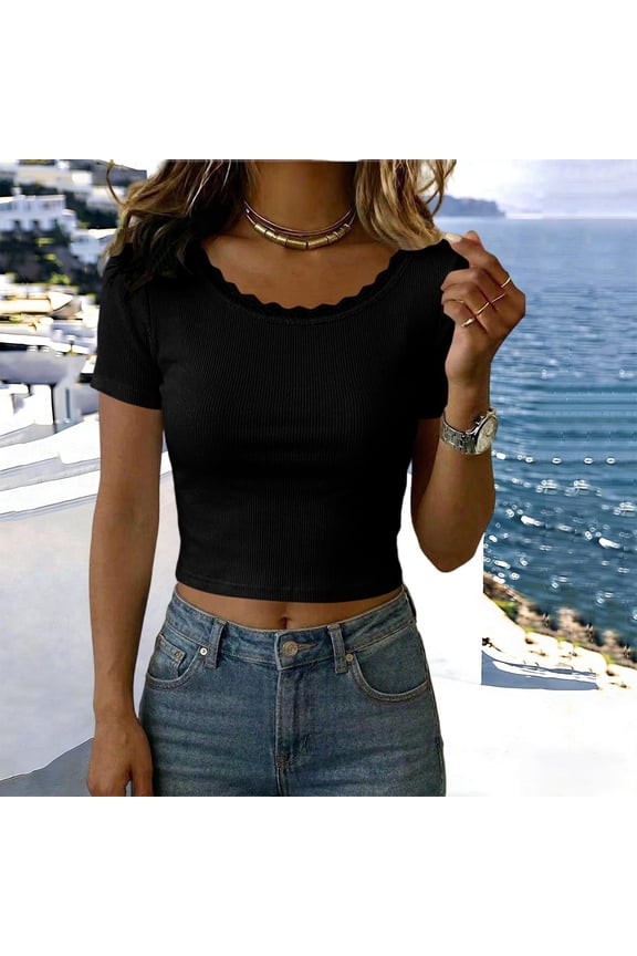 Womens Lace Trim Ribbed Crop Tops Short Sleeve Form Fitting Basic Tees Casual Summer Cropped Blouses For Women