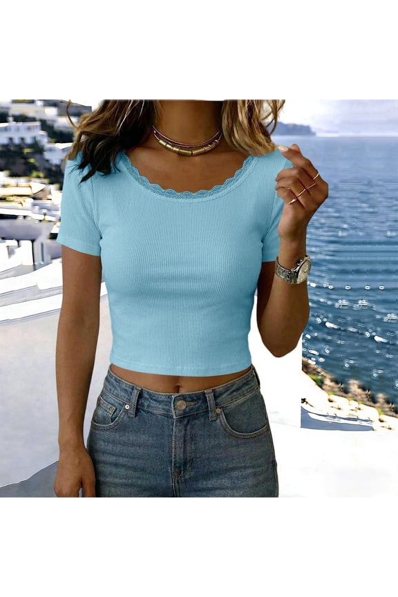 Womens Lace Trim Ribbed Crop Tops Short Sleeve Form Fitting Basic Tees Casual Summer Cropped Blouses For Women