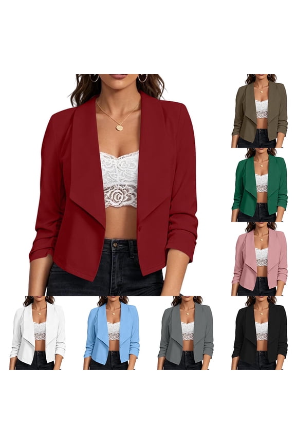 Womens Lightweight Blazers Draped Waterfall Lapel Ruched Long Sleeve Cropped Open Front Casual Dressy Layering Jackets