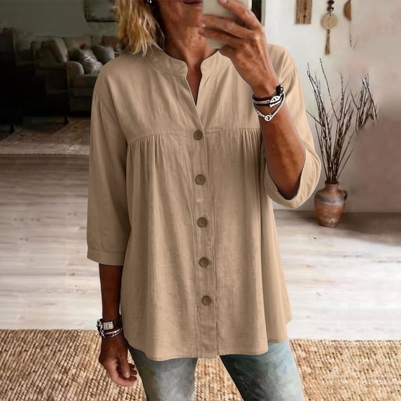 HongQid Womens Linen Blend Button Down Tunic Ladies Mandarin Neck Pleated Bust 3/4 Sleeve Blouse Casual Shirts