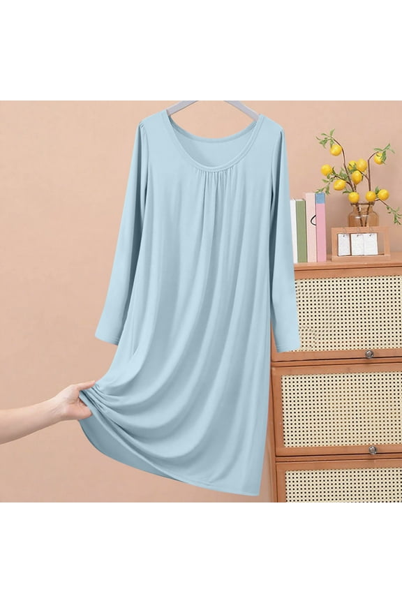 Womens Long Nightgown Long Sleeve Nightshirt O Neck Sleepwear Full Length Sleepshirt