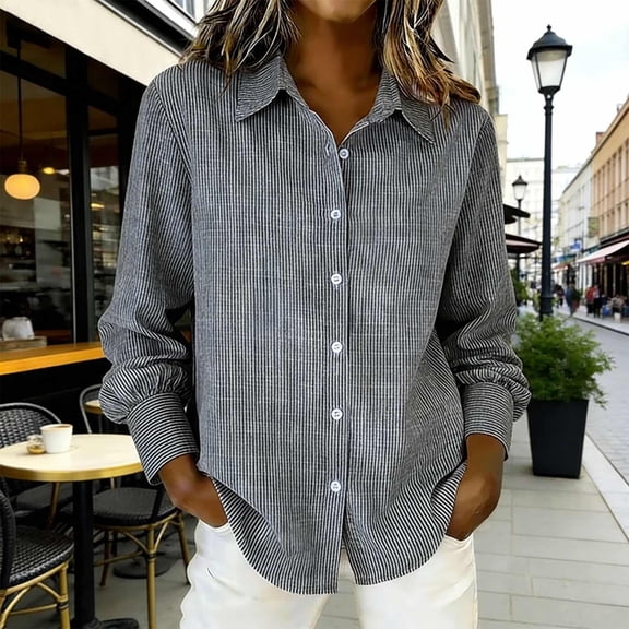 HongQid Womens Long Sleeve Button Down Shirts Casual Loose Fit Cotton Collared Blouses Loose Fit