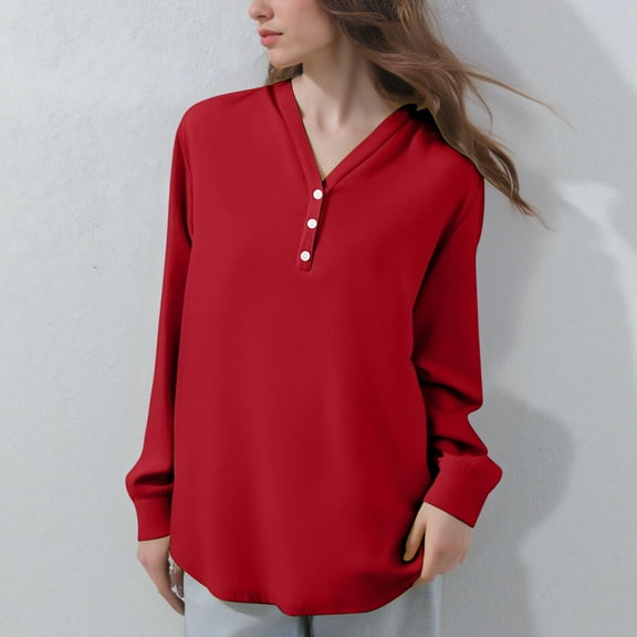 HongQid Womens Long Sleeve Henley Shirts Trendy Casual V Neck Button Up Tunic Tops Loose Fit Basic Tees