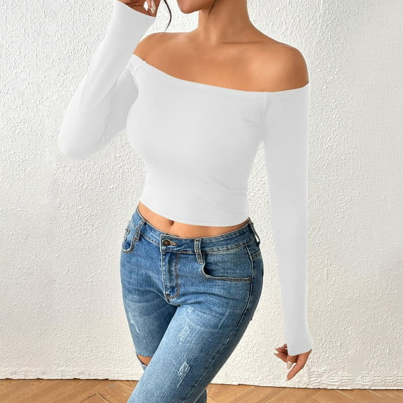 HongQid Womens Long Sleeve Off The Shoulder Tops Going Out Cute Basic Y2K Fall Fashion 2025 Outfits Clothes