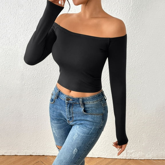 HongQid Womens Long Sleeve Off The Shoulder Tops Going Out Cute Basic Y2K Fall Fashion 2025 Outfits Clothes
