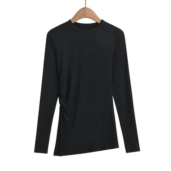HongQid Womens Long Sleeve Shirts Crewneck Tops Loose Fit Stretch Casual Basic Fall T-Shirts