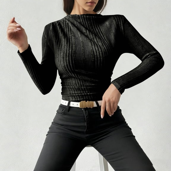 HongQid Womens Long Sleeve Stretch Mockneck Ribbed T-Shirt Slim Fit Casual Basic Tops