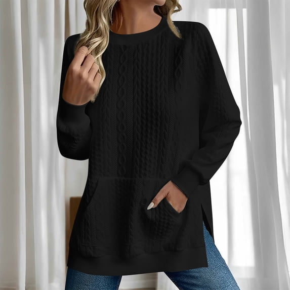 HongQid Womens Long Sleeve Sweatshirts Casual Crewneck Cute Pullover Tops Lightweight Sweatshirt with Pocket Side Slits at Hem