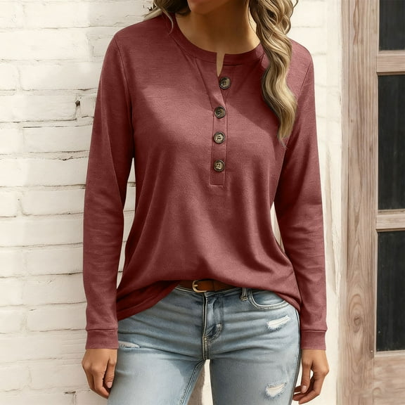 HongQid Womens Long Sleeve Tops Round Neck Solid Color Henley Shirts Ladies Basic Button Tunic Blouse