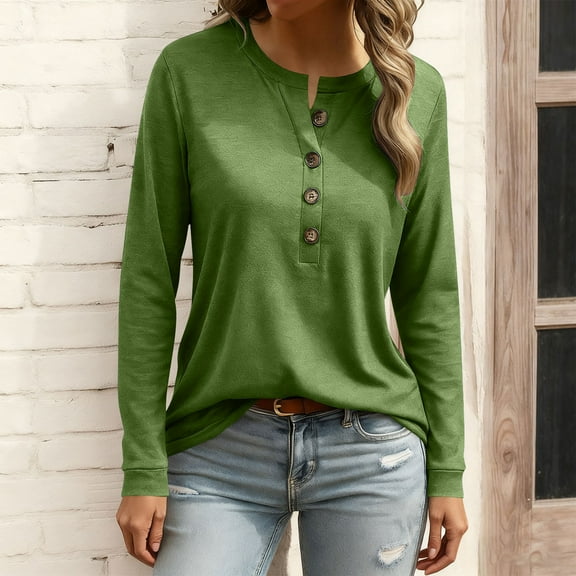 HongQid Womens Long Sleeve Tops Round Neck Solid Color Henley Shirts Ladies Basic Button Tunic Blouse