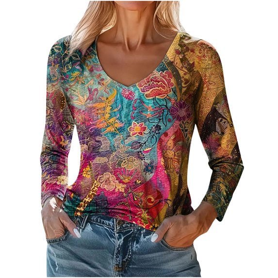 HongQid Womens Long Sleeve Tunic Tops Casual Graphic V Neck Shirts Basic Tees Business Work Blouses Summer Fall Clothes