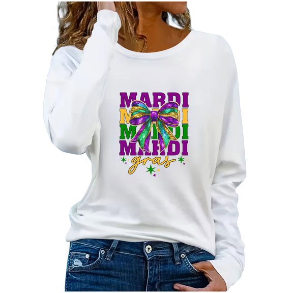 HongQid Womens Mardi Gras Shirt Long Sleeve Funny Graphic St Patricks Tops