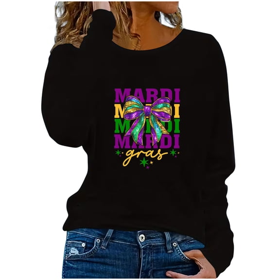 HongQid Womens Mardi Gras Shirt Long Sleeve Funny Graphic St Patricks Tops
