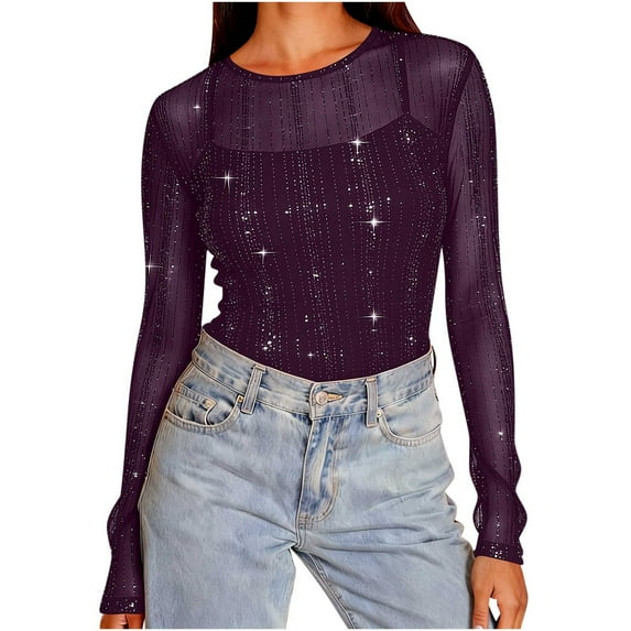 HongQid Womens Mesh Long Sleeve Tops Crew Neck See Through Tee Shirts Party Club Night Blouse
