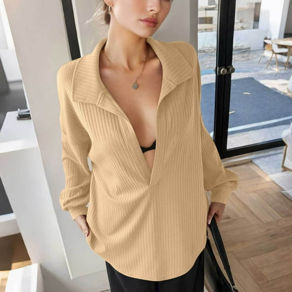 HongQid Womens Oversized Deep V Neck Sweatshirts Casual Collared Long Sleeve Ribbed Knit Pullover Tops