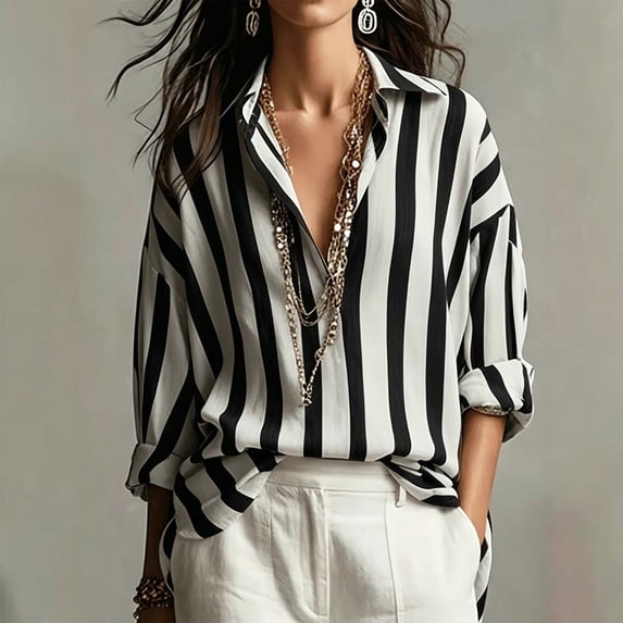 HongQid Women's Striped Button Down Shirt Collared Loose Casual Vertical Stripe Lapel Collar Roll Tab Long Sleeve Blouse Office Dressy Wear Shirts Ladies Trendy Clothes Spring Fall
