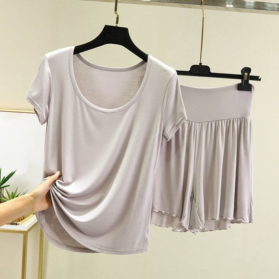 HongQid Womens Pajama Set Short Sleeve and Shorts Lounge Set Soft Modal Cotton Summer Sleepwear Pj Sets