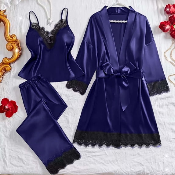 HongQid Womens Pajama Sets 3PCS Silk Pajamas for women Cute Sleepwear Loungewear Satin Pajamas Sets for Women Soft