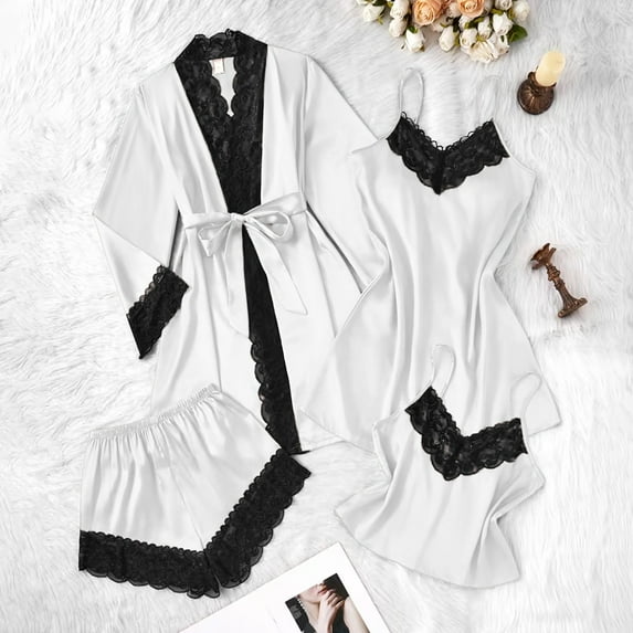 HongQid Womens Pajama Sets 4PCS Silk Pajamas for women Cute Sleepwear Loungewear Satin Pajamas Sets for Women Soft