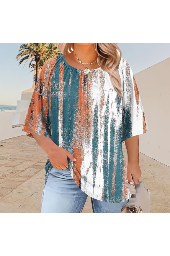 Womens Plus Size Tops 3/4 Sleeve Round Neck Blouses Dressy Casual Tunic Tops for Curvy Women Loose Fit