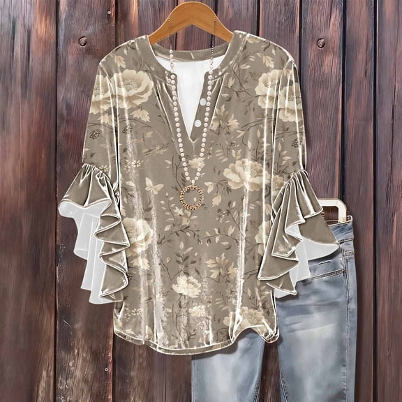 HongQid Womens Plus Size Tops 3/4 Sleeve Ruffle Sleeve V Neck T Shirts Loose Fit Three Quarter Length Blouses Dressy Casual Loose Tops