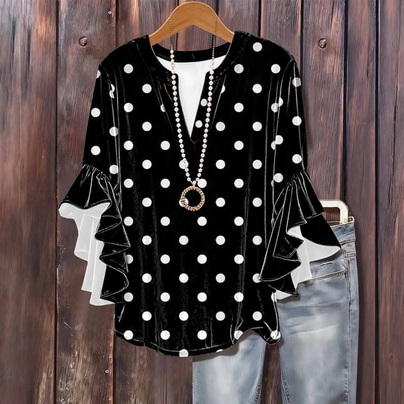 HongQid Womens Plus Size Tops 3/4 Sleeve Ruffle Sleeve V Neck T Shirts Loose Fit Three Quarter Length Blouses Dressy Casual Loose Tops