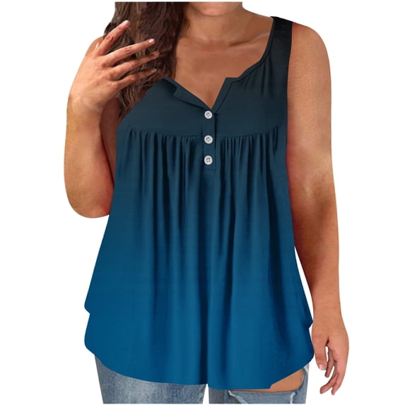 HongQid Womens Plus Sized Tank Tops Summer Solid Pleat Flared Trendy Casual Blouse Button Tunic Sleeveless