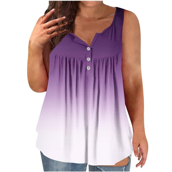 HongQid Womens Plus Sized Tank Tops Summer Solid Pleat Flared Trendy Casual Blouse Button Tunic Sleeveless