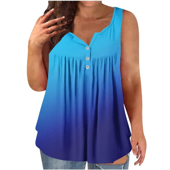 HongQid Womens Plus Sized Tank Tops Summer Solid Pleat Flared Trendy Casual Blouse Button Tunic Sleeveless