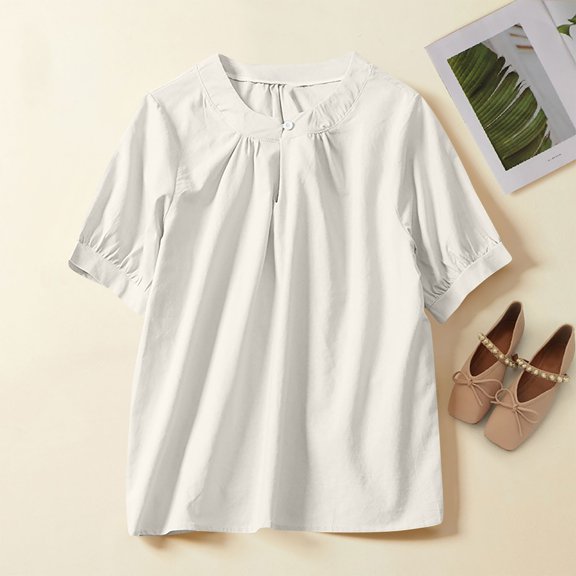 HongQid Womens Puff Sleeve V Neck Blouse Tops Dressy Casual Pleated Loose Fit Placket Shirts