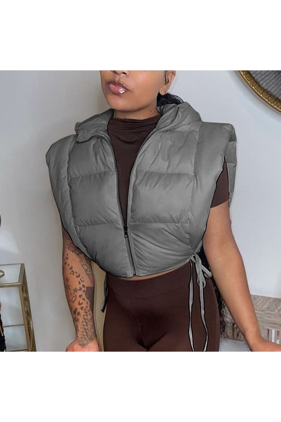 Womens Puffer Vest Sleeveless Puffy Cropped Vests Stand Collar Vest Lightweight Bubble Quilted Vests Trendy