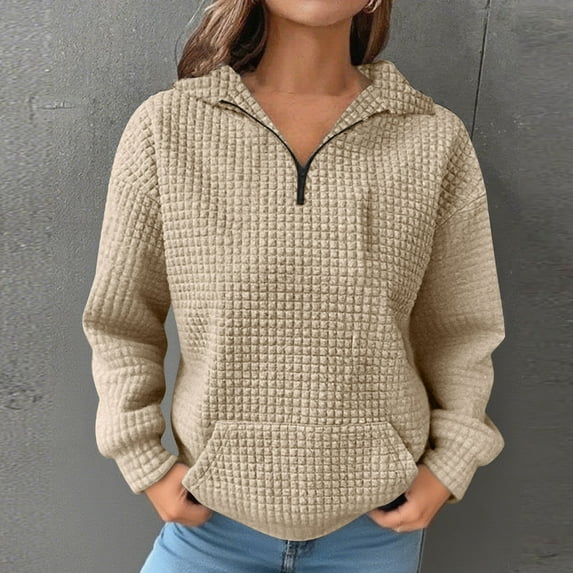 HongQid Womens Pullover Casual Long Sleeve Lapel Waffle Pullover Tops Loose Sweatshirt