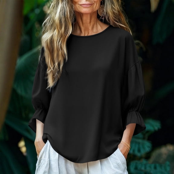 HongQid Womens Ruffle 3/4 Sleeve Tops Casual Blouses Crew Neck Solid Color Dressy Shirts Spring Fall Outfits