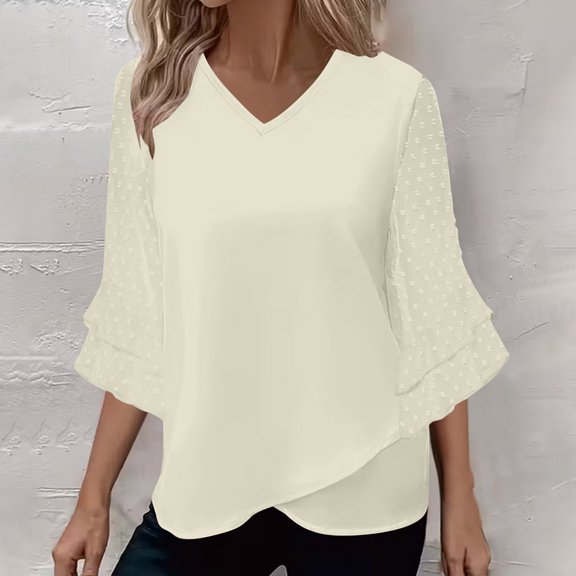 HongQid Womens Ruffle 3/4 Sleeve V Neck Double Layers Summer Spring Blouses Dressy Tops