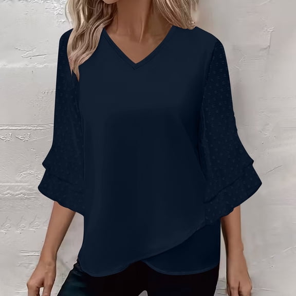 HongQid Womens Ruffle 3/4 Sleeve V Neck Double Layers Summer Spring Blouses Dressy Tops