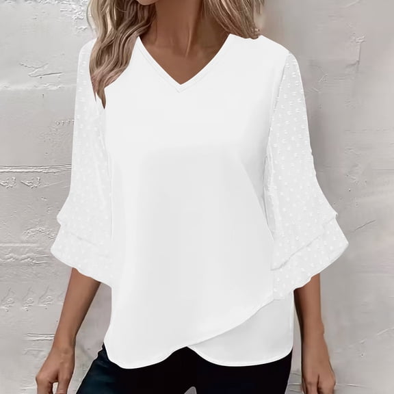 HongQid Womens Ruffle 3/4 Sleeve V Neck Double Layers Summer Spring Blouses Dressy Tops