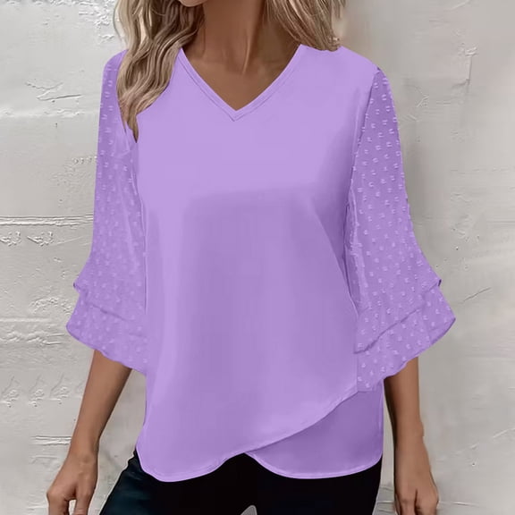 HongQid Womens Ruffle 3/4 Sleeve V Neck Double Layers Summer Spring Blouses Dressy Tops