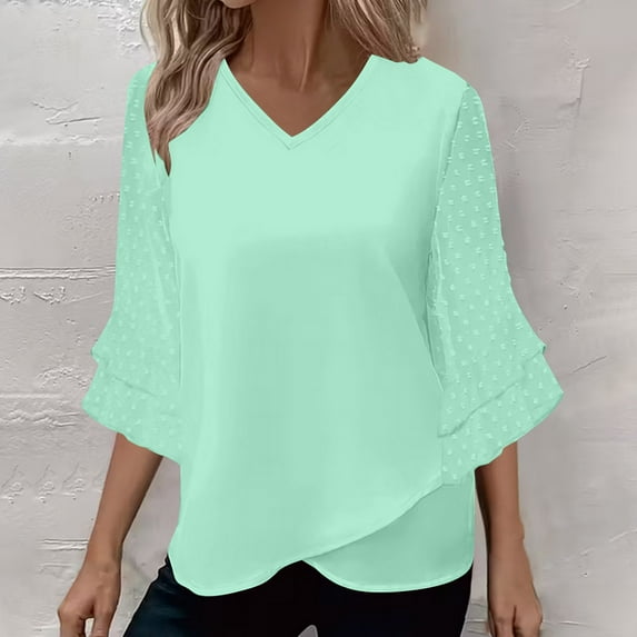 HongQid Womens Ruffle 3/4 Sleeve V Neck Double Layers Summer Spring Blouses Dressy Tops