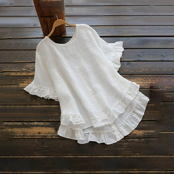 HongQid Womens Ruffle Short Sleeve Tshirts Summer Casual Crew Neck Peplum Tops Flowy Loose Tees