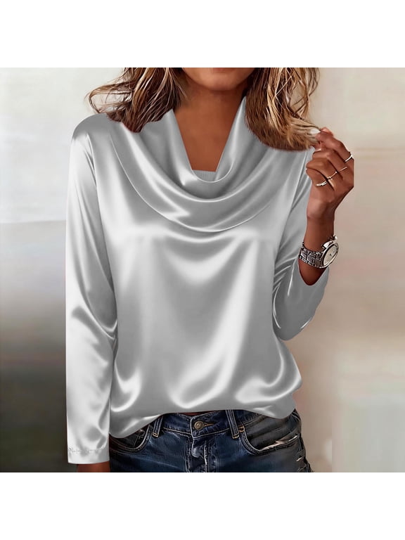 Womens Satin Blouse Cowl Neck Draped Silky Long Sleeve Dressy Tops Spring Fall Trendy Fashion Business Casual Outfit